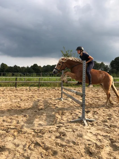 Lease baasje springt met haar pony over een balk in de buitenbak.